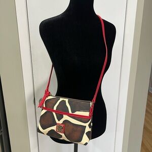 NWOT Dooney & Bourke Giraffe Print Crossbody Bag with Red Leather Trim